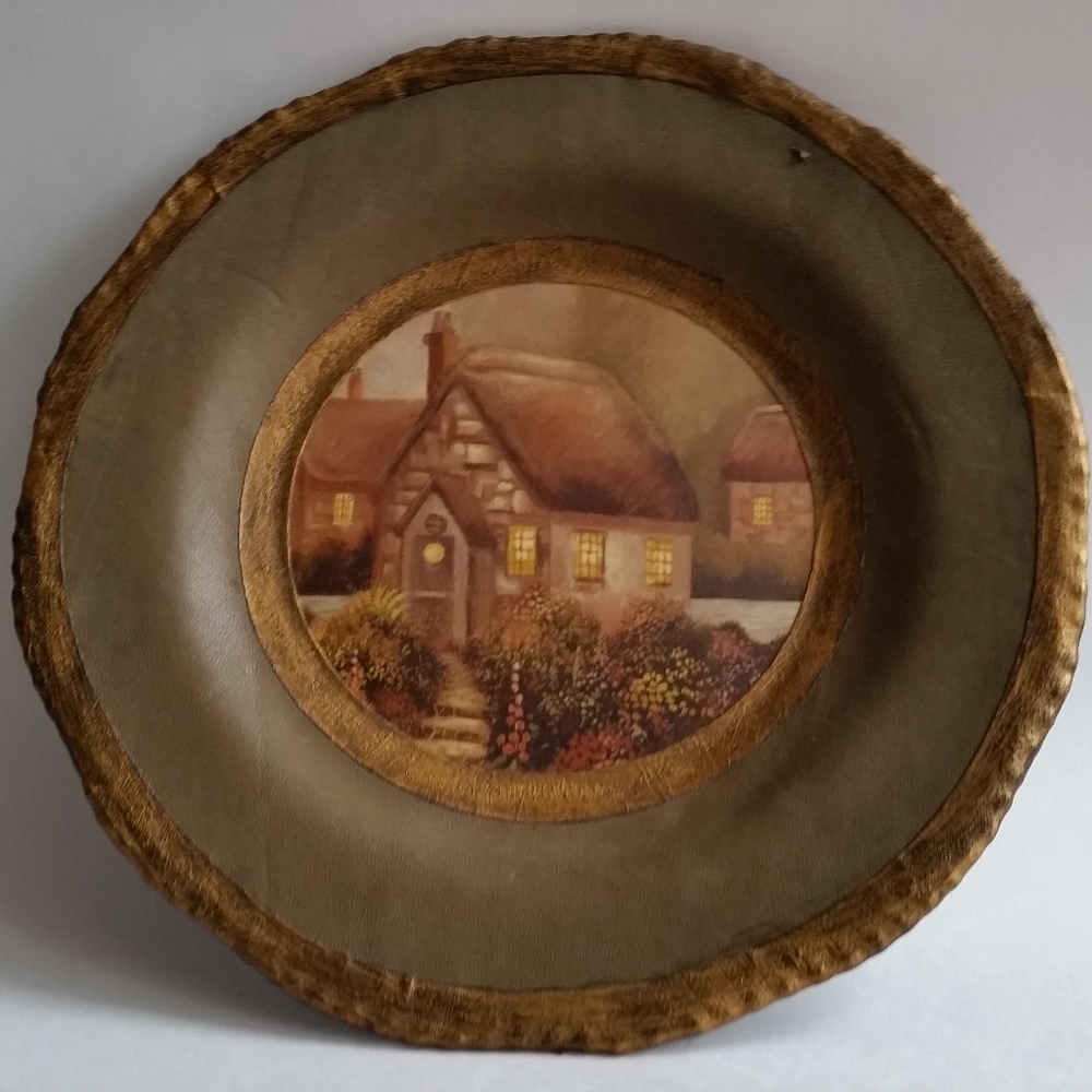 Raymond Furlotte Signed Leather Wall Plate Cottage Art Vintage Montreal Cuir